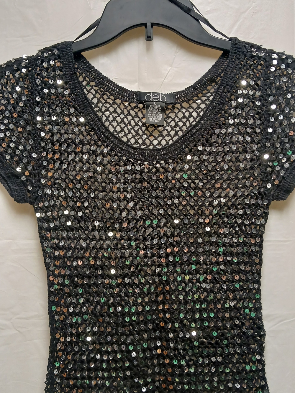 deb Black Sequin Mesh Short Sleeve Top - Picture 2 of 8